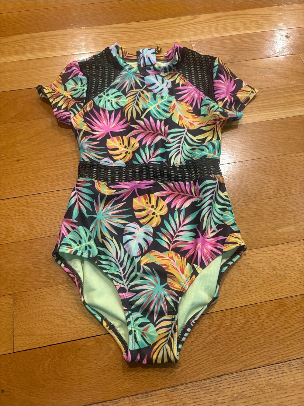 art class Black Kids One-Piece Swimsuit with Tropical Pink, Yellow & Teal Leaves